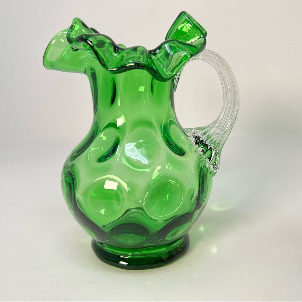 Coin Dot Fenton Mini Pitcher Green Ruffle Vintage Glass